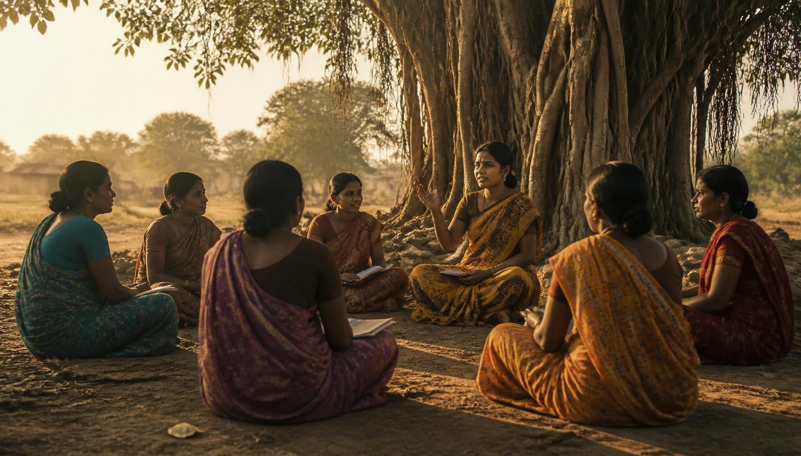 A women's circle sitting under a banyan tree at golden hour.