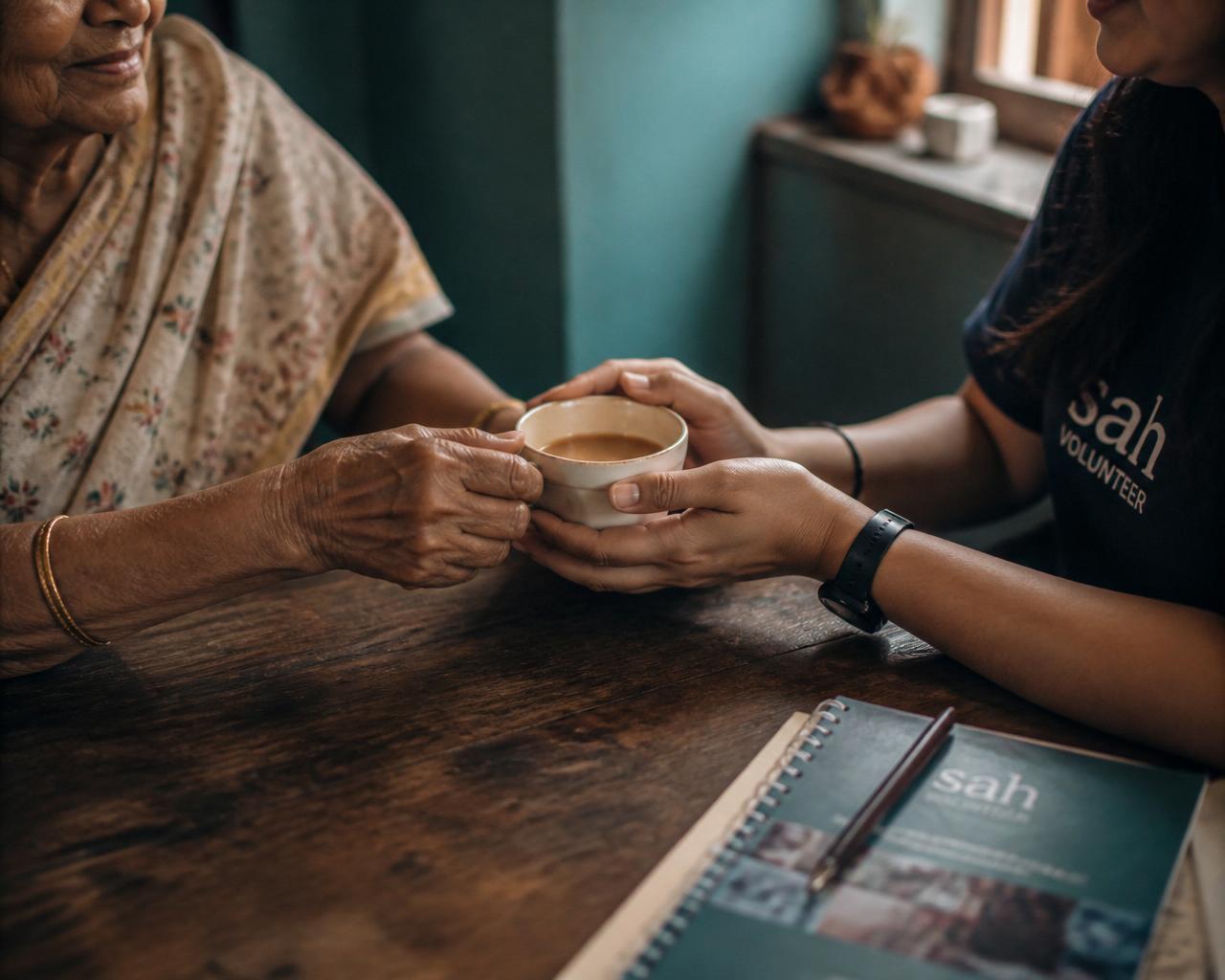 Hands of an older woman and a younger volunteer meeting over a cup of chai.